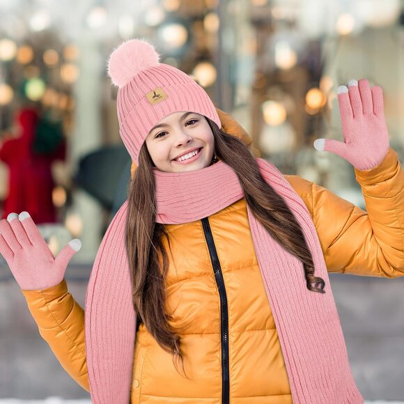Women Winter Beanie Hat Scarf Glovess Set, Fleece Knitted Pompom 5866 - Picture 7 of 9